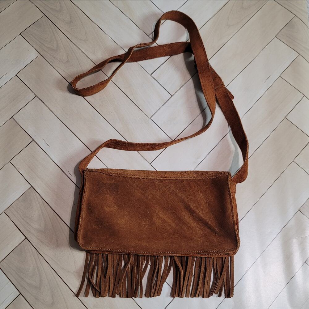 Minnetonka Suede Tan and Brown Fringe Crossbody Bag - Picture 4 of 16